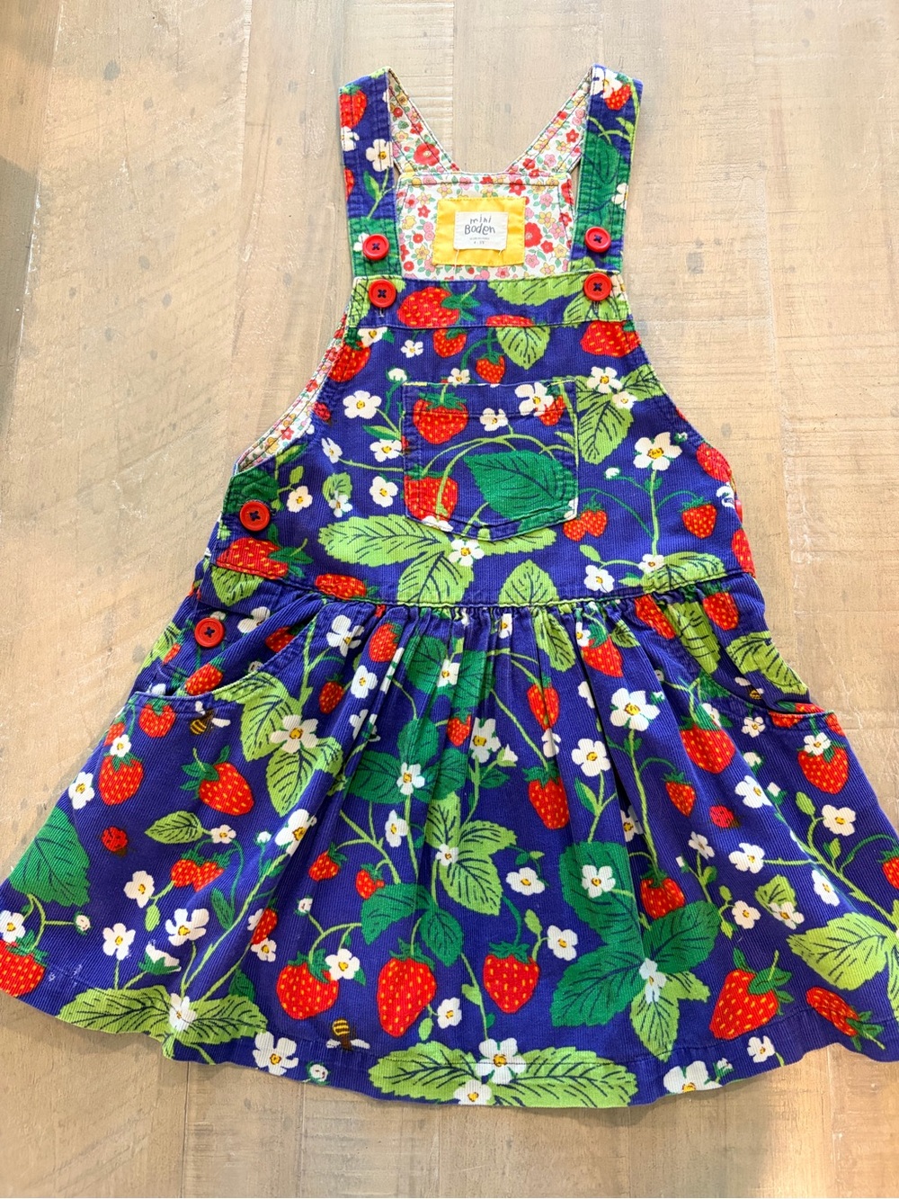 Rare Mini Boden Strawberry Print Corduroy Pinafore Dress - Navy